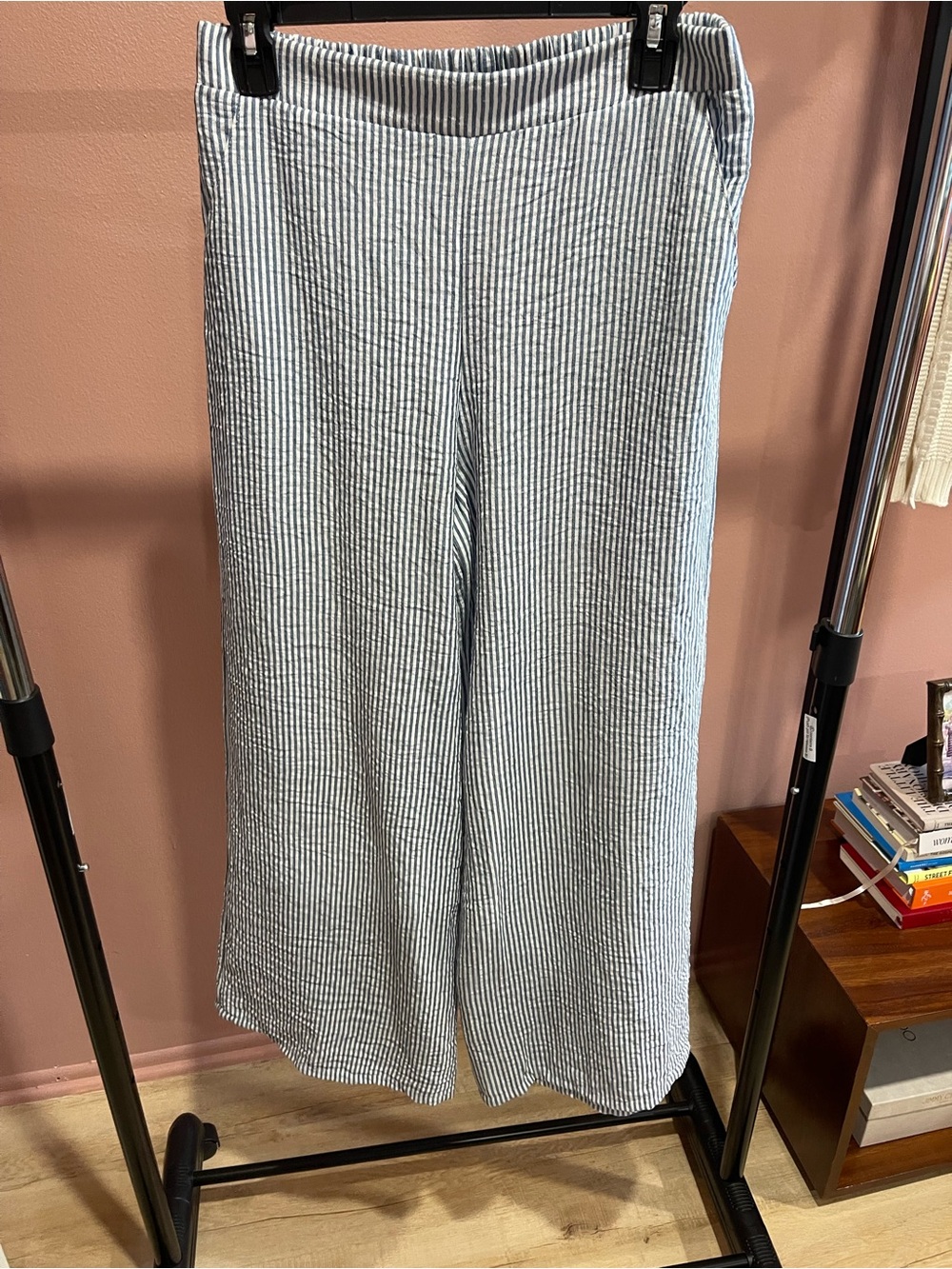 Striped Wide-Leg Cotton Blend Pants - Blue/White